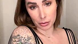 paige in fishnets takes big black cock dildo deep, then finishes with her mouth in an intriguing scene