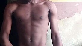 Wow, this black african guy masturbates his monster cock solo in the comp