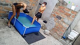 Athletic Indian And Plump Latina Women Enjoy Poolside Vacation In The Sun