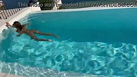 Gorgeous Monika Fox swims naked in pool at beautiful place