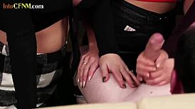 busty british cfnm dommes wank subject in kinky group handjob session
