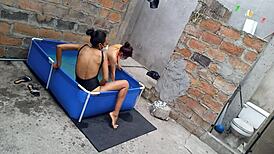 Athletic Indian And Plump Latina Women Enjoy Poolside Vacation In The Sun