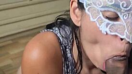 the sexy sailor girl hotwife gives blowjob until she gets cum on her face, facial, natural tits visible