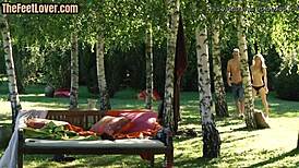 Skinny foot model sucks dick, then pussyfucked outdoors.