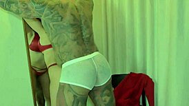 busty brunette licks the ass of a very horny tattooed boy after giving him a blowjob and they fuck rough