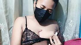 Gadis in bikini masturbates with dildo solo.