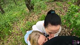 Amateur Threesome Blowjob Outdoors in Forest!