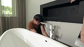 In this domestic affair, a busty brunette milf maid cheats on her boss with a muscular bodybuilder, sucking his big cock, riding him hard, and getting her ass licked before rough doggystyle sex.