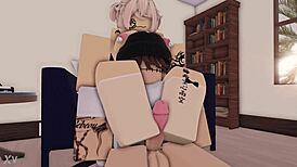 a guy enjoys a footjob from a cute roblox cutie.