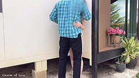 the gardener fucks the beautiful lady outdoors in the garden creampie 😍