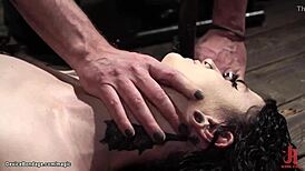 Bound in chains, slut tazappered endures rough bdsm with choking and whipping 😈