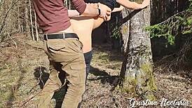 Time for nature fuck and blowjob in the forest with skinny brunette