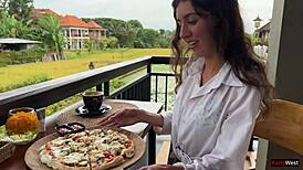 Eating pizza with cum on my face in a public cafe 😋