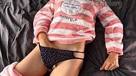 Petite teen in pajama masturbates small tits to orgasm!