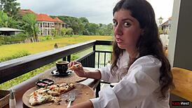 Eating pizza with cum on my face in a public cafe 😋