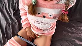 Petite teen in pajama masturbates small tits to orgasm!