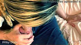 wife tenderly pleasures husband's impressive length with her mouth