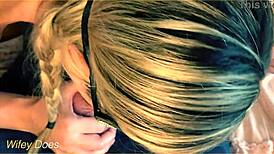 wife tenderly pleasures husband's impressive length with her mouth