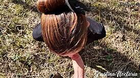 Time for nature fuck and blowjob in the forest with skinny brunette