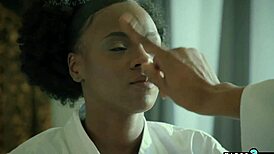 Ebony nurse kira noir heals and tastes shaved black pussy