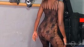 Thick Ebony Babe Riding Dick in Fishnets. See Through Tease Pt2