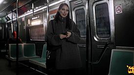 Beautiful Teen Brunette Sucks Stranger's Cock Sloppily On Public Train Close-Up