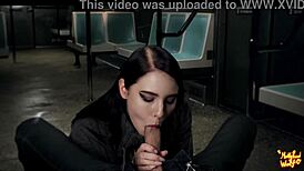 Beautiful Teen Brunette Sucks Stranger's Cock Sloppily On Public Train Close-Up