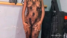 Thick Ebony Babe Riding Dick in Fishnets. See Through Tease Pt2