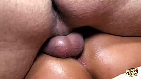 a young slut with hairy cunt gets roughly drilled by two guys in double penetration.