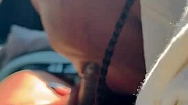 Ebony girl sucks big black cock and swallows cum in car