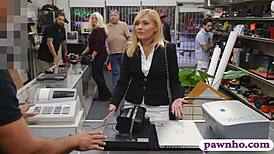 Hot blonde milf sucked off and got nailed at the pawnshop, caught on hidden cam
