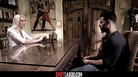 Blonde matchmaker works hard on the office desk