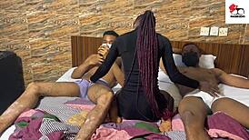 Amateur threesome unfolds with guest guy