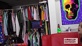 Tiny goth girl pushes huge cock up her ass