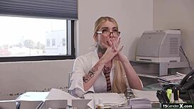 She makes you kneel and suck her big tits shemale boss uncut cock