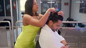 slutty latina stylist seduces her favorite client and fucks him during his hair cut