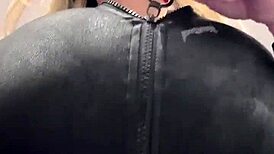 Big natural tits bursting out of elastic leather excite me