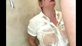 sexy blonde PISSED ON for first time