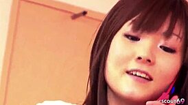 Petite Japanese step-sister caught masturbating and seduced into her first blowjob 😏