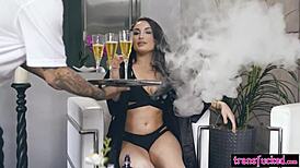 Hot teen Gabi pleases big cock shemale Natalie