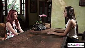 the brunette therapist says, 'let me lick your pussy, milf client, you're so wet.'