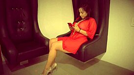 Latina in red lingerie teases with sensual touches