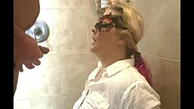 sexy blonde PISSED ON for first time