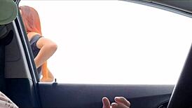 Parked car, asked hot redhead for info, pulled out dick!
