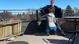 Dickflash roof adventure! Little redhead slut gives fast handjob and blowjob while boyfriend waits