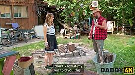 Did sons girlfriend fuck stepdaddy outside on the ranch? Big cock action!