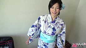 Hot japanese model saki aoyama performs blowjob, handjob, and fingering on cock in kimono outdoors uncensored.