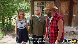 Did sons girlfriend fuck stepdaddy outside on the ranch? Big cock action!