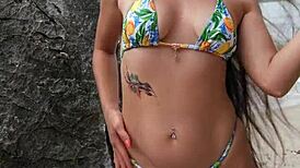 hot bikini dancing on hidden beach spot with neighbors