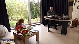 Playful young teen seduces older man passionately